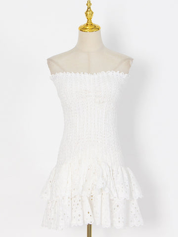 Woochic robe cocktail trapèze bustier épaules dénudées broderie,courte blanc S